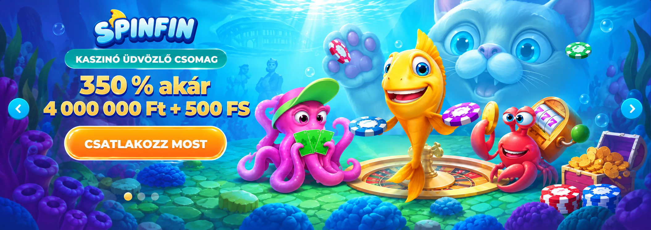 Spinfin hero banner showing slot games and a play now button