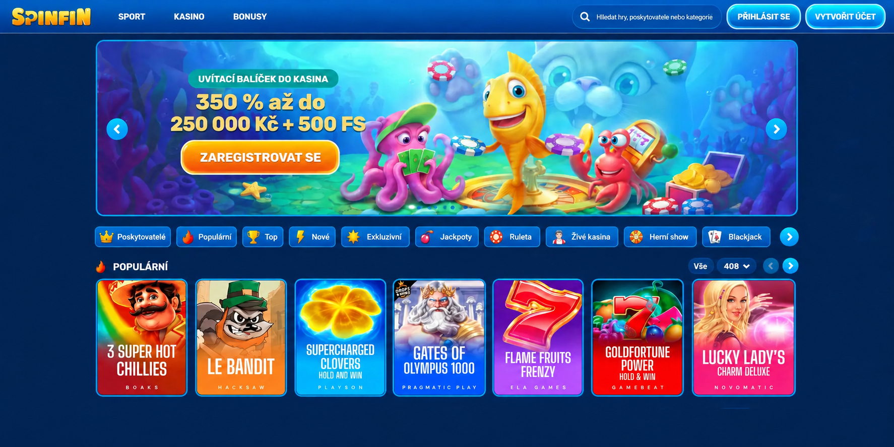 Spinfin registration and login area on the desktop version of the site